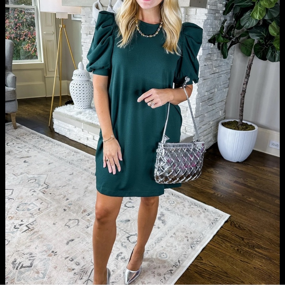 Green Sheath Dress with Puff Sleeves